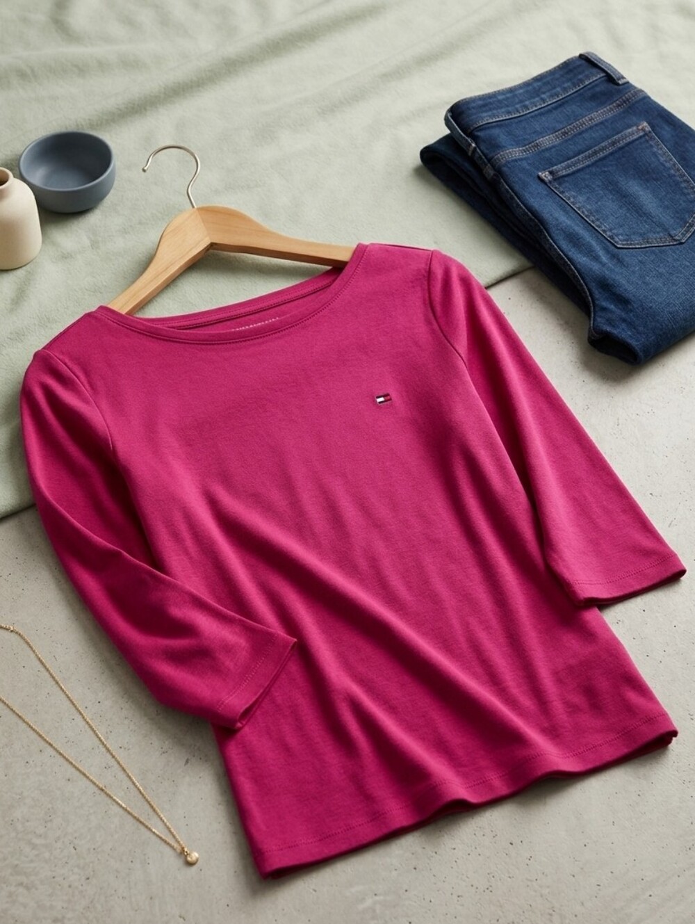 Tommy Hilfiger Hot Pink Cotton Boatneck 3/4 Sleeve Top XL Blouse Shirt